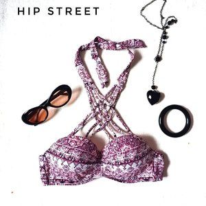 AMBRIELLE Print Push Up Molded Cup Bikini Swim Top Criss Cross Halter Neck S